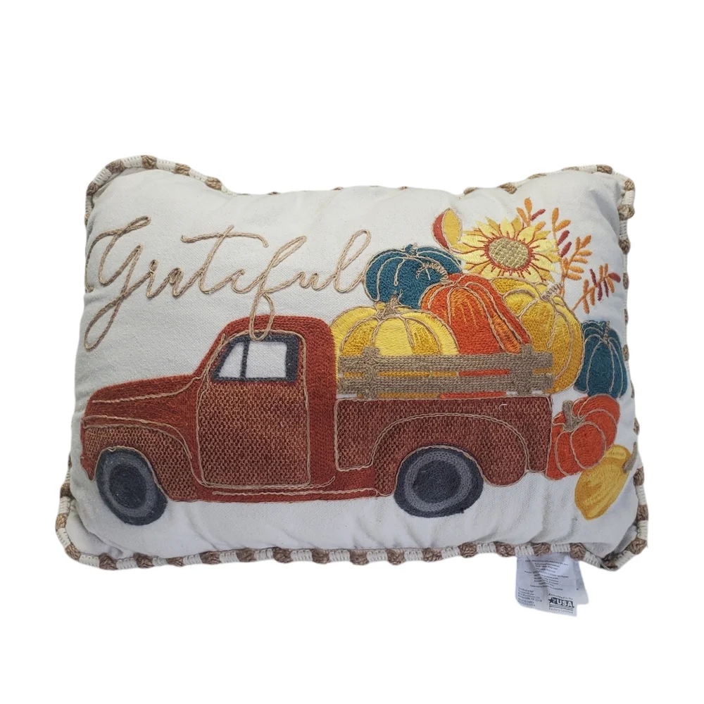 Mainstays Grateful Accent /Throw Pillow Truck With Pumpkins Home Decor
